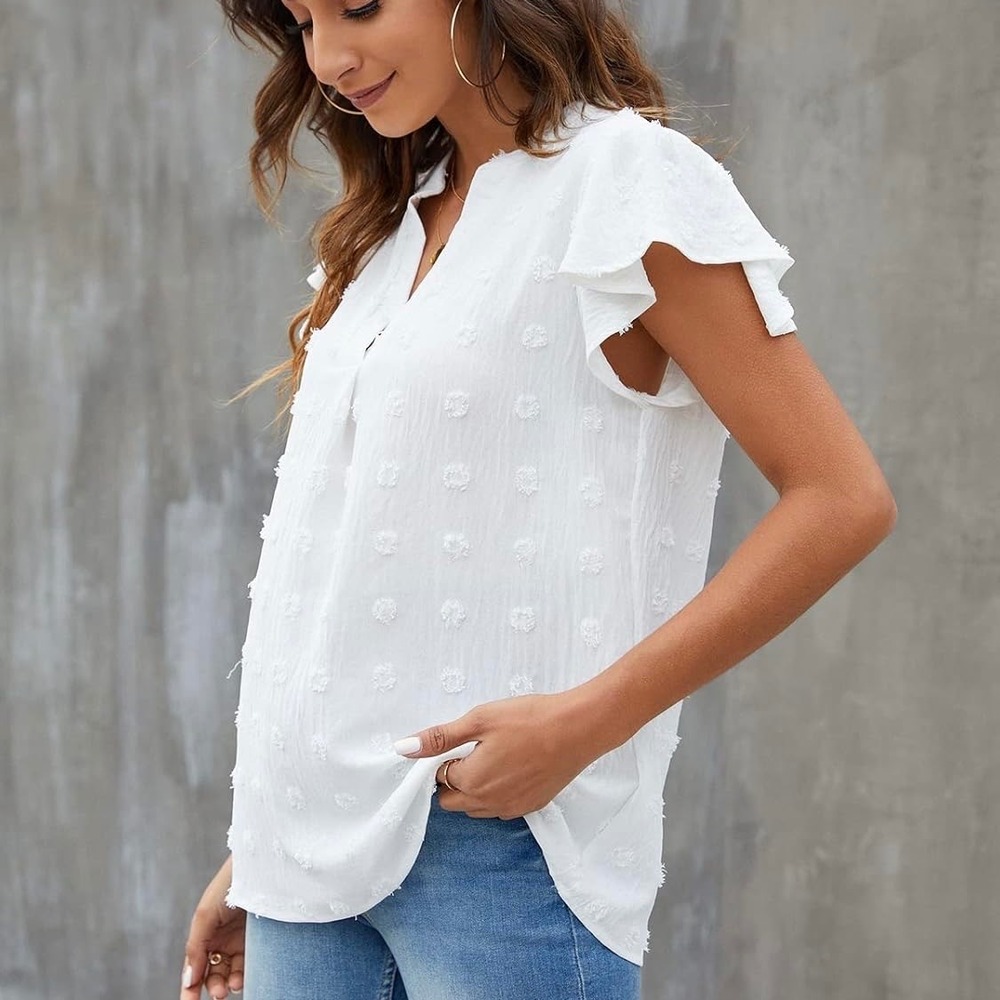 Blooming Jelly White Swiss Dot Flutter Sleeve Split V-Neck Blouse Top Large
